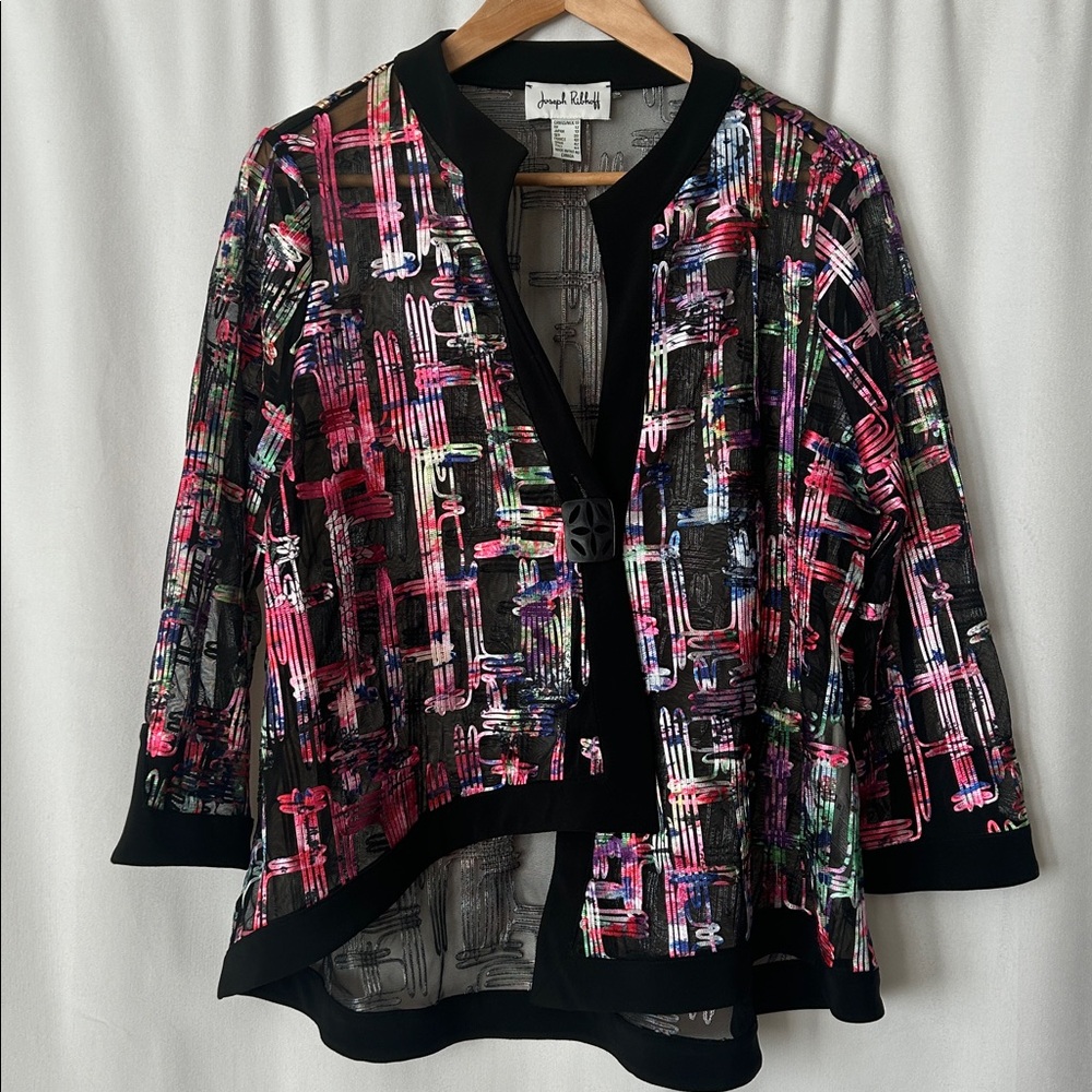Joseph Ribkoff Black Colorful Abstract Pattern Long Sleeve Jacket Coat **Sz 10**